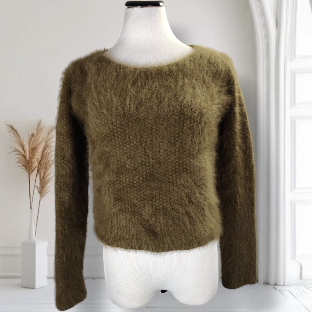 Helmut Lang Angora Wool Knit Sweater Olive Khaki Fuzzy Minimalist Size S